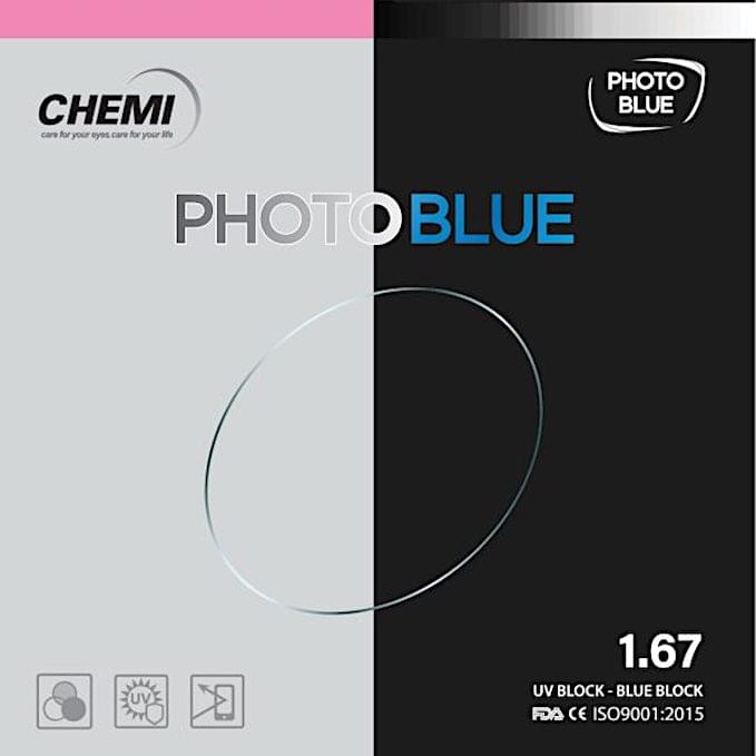 Tròng kính Siêu Mỏng Đổi Màu Chống Ánh Sáng Xanh Chemi PhotoBlue Coated 1.67 ASP